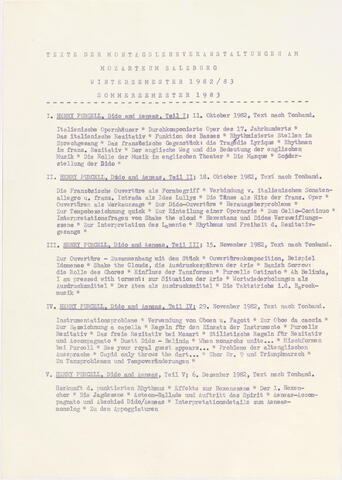 Inhaltsverzeichnis Montagsveranstaltung Nikolaus Harnoncourt, Historische Aufführungspraxis, Mozarteum Salzburg 1982/83, Sommersemester 1983
