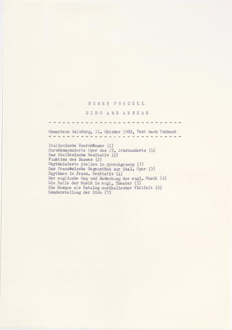 Montagsveranstaltung Nikolaus Harnoncourt, Historische Aufführungspraxis, Purcell, Henry Dido and Aeneas - 5 Termine Wintersemester 1982