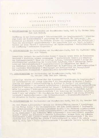 Inhaltsverzeichnis Dienstagsveranstaltung Nikolaus Harnoncourt: Historische Aufführungspraxis: Stilunterschiede der italienischen und der französischen Musik, Streichinstrumente, Bogen, Blechblasinstrumente, Intonation 1982/83 - 14 Termine