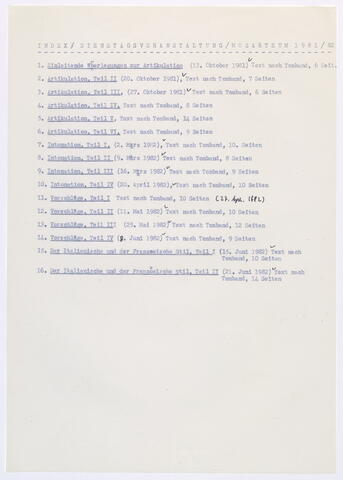 Inhaltsverzeichnis Dienstagsveranstaltung Nikolaus Harnoncourt, Historische Aufführungspraxis, Mozarteum Salzburg 1981/82 - 16 Termine