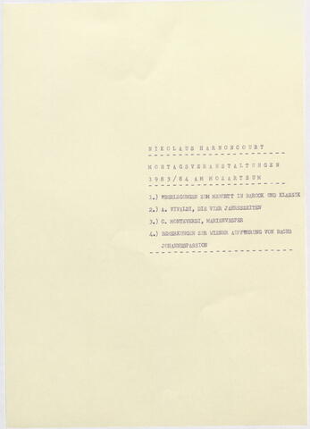 Inhaltsverzeichnis Montagsveranstaltung Nikolaus Harnoncourt, Historische Aufführungspraxis, Mozarteum Salzburg 1983/84 - 8 Termine