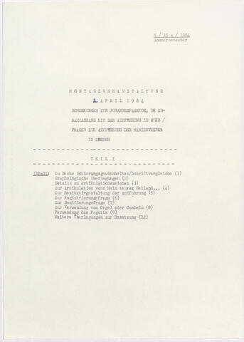 Montagsveranstaltung Nikolaus Harnoncourt, Historische Aufführungspraxis: Bach, Johannes-Passion in Wien, Monteverdi: Marienvesper, Vespro della beata vergine in Zürich